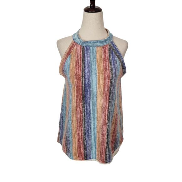 W5 Anthropologie Striped Colorful Knit Fringe Boho Sleeveless Halter Top Small - Picture 1 of 9